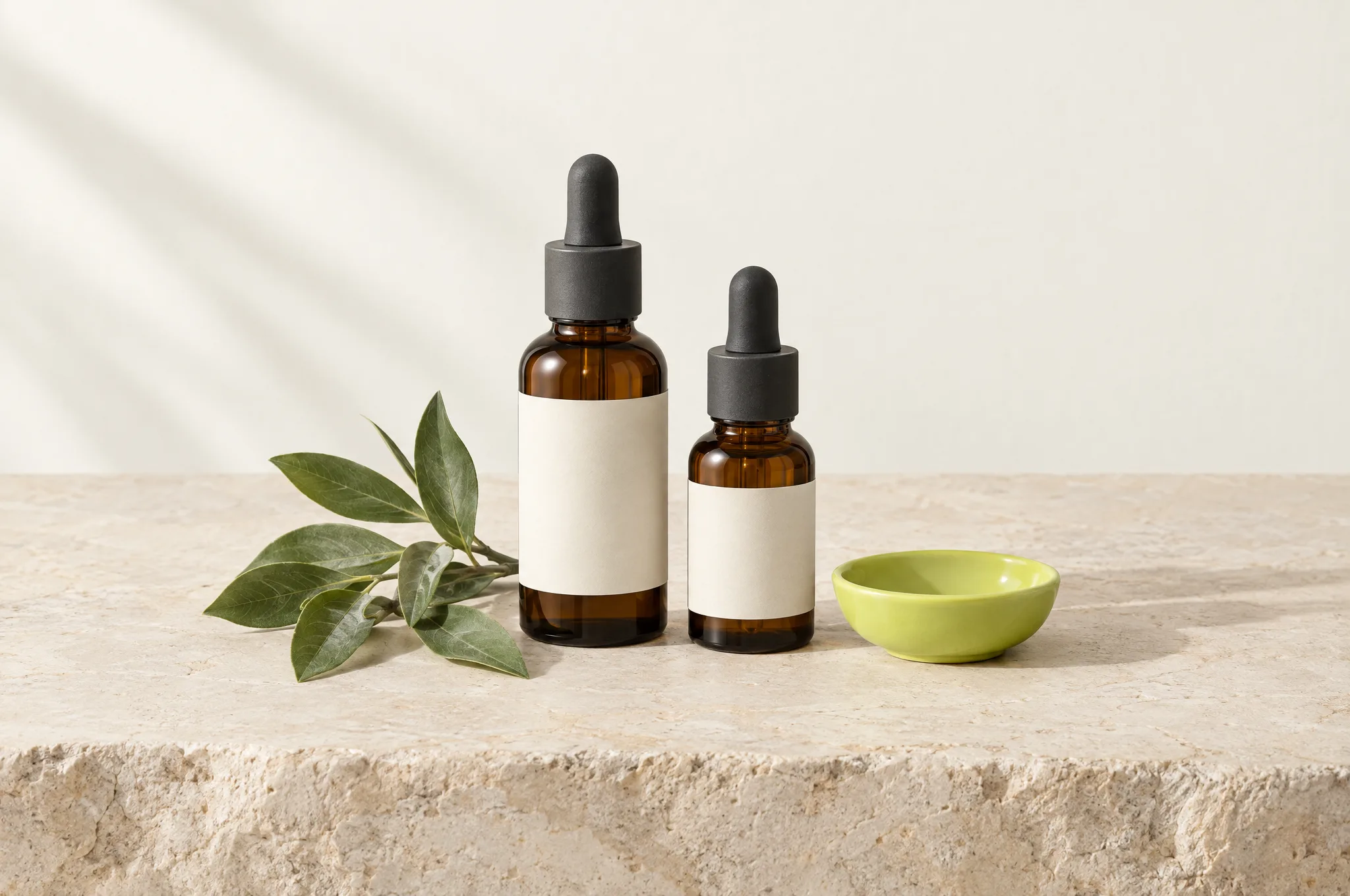 Amber botanical dropper bottles with green leaves and ivory packaging on limestone